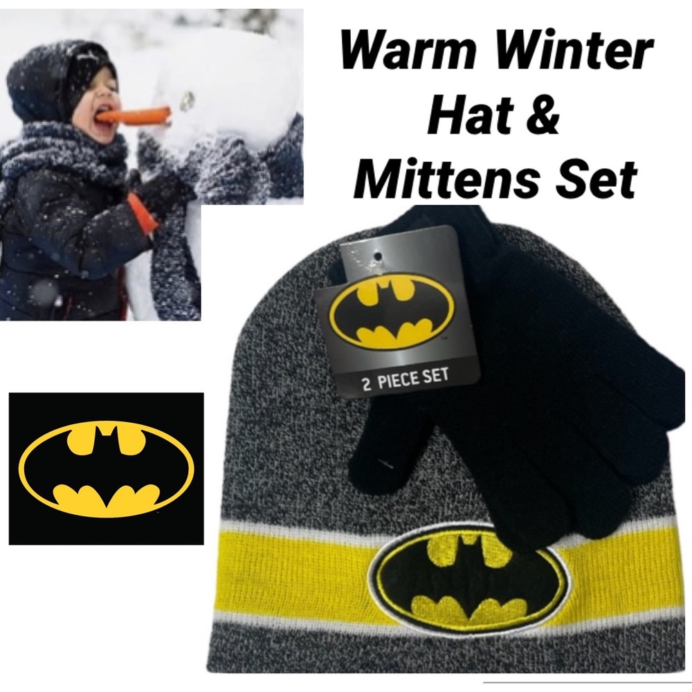 Batman Winter Hat and Mittens Gloves Set Superheroes Cozy Warm Knit Boys 2 Pc
